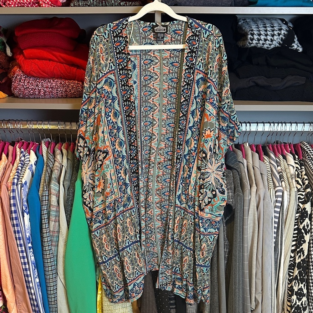 Angie blue/orange print open front kimono size M